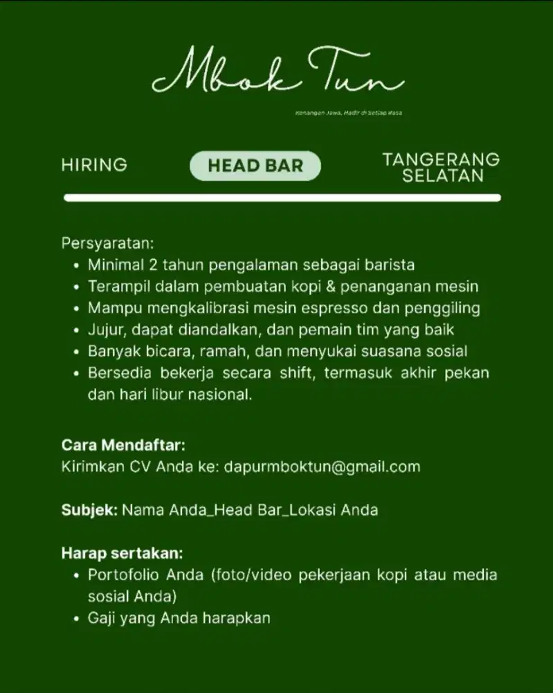 Lowongan kerja Head Bar.