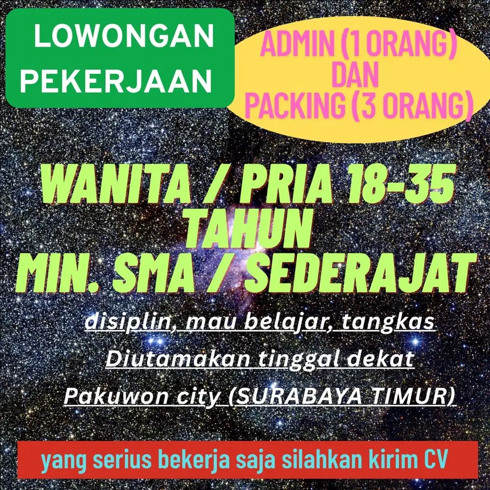 Lowongan kerja Packing dan Admin online shop Surabaya Timur