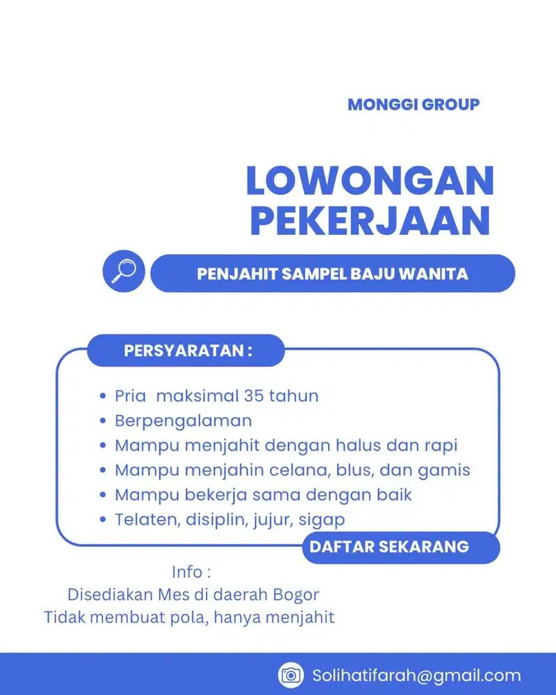 DIBUTUHKAN SEGERA TUKANG JAHIT SAMPEL BAJU WANITA