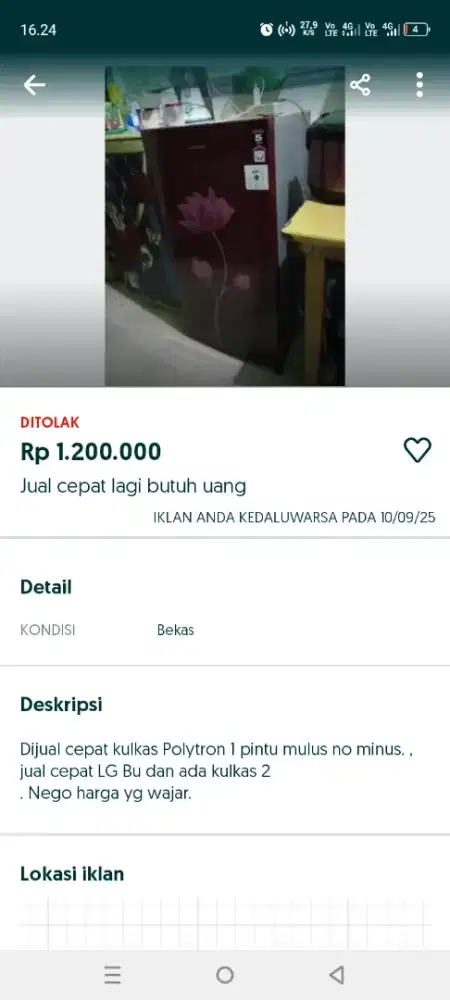 Jual cepat kulkas bagus
