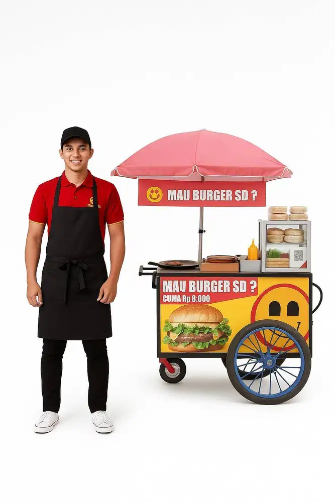 Penjual burger dengan gerobak sepeda & penjagabooth didepan minimarket