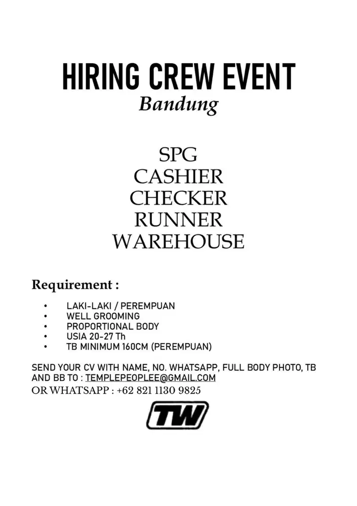 DICARI SPG! RUNNER! WAREHOUSE! CASHIER! FOR EVENT IN BANDUNG!