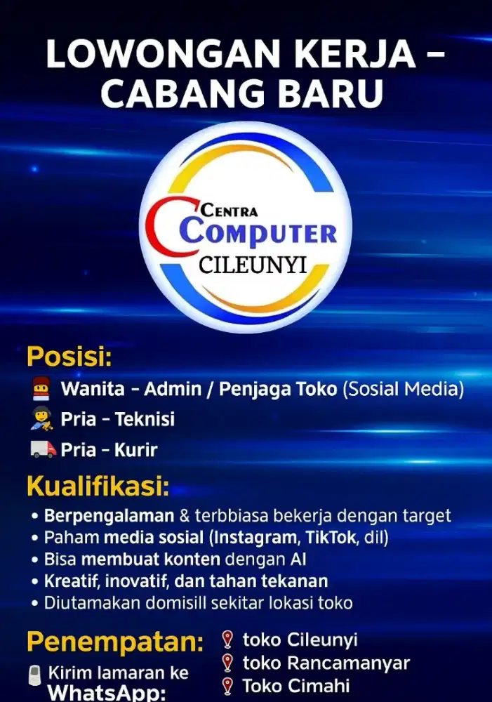 dibutuhkan pegawai toko komputer di bandung