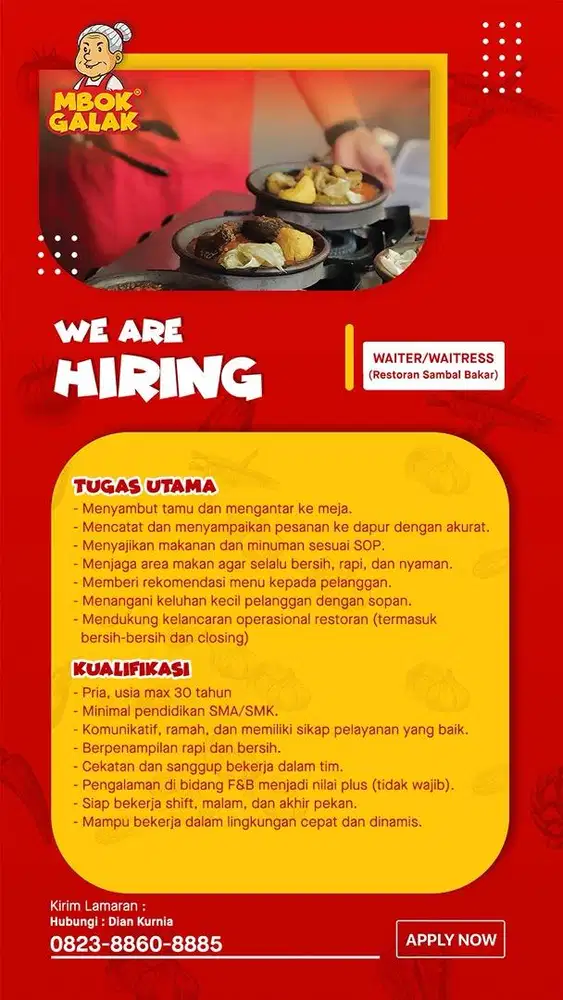 Lowongan untuk Koki & Waiters
