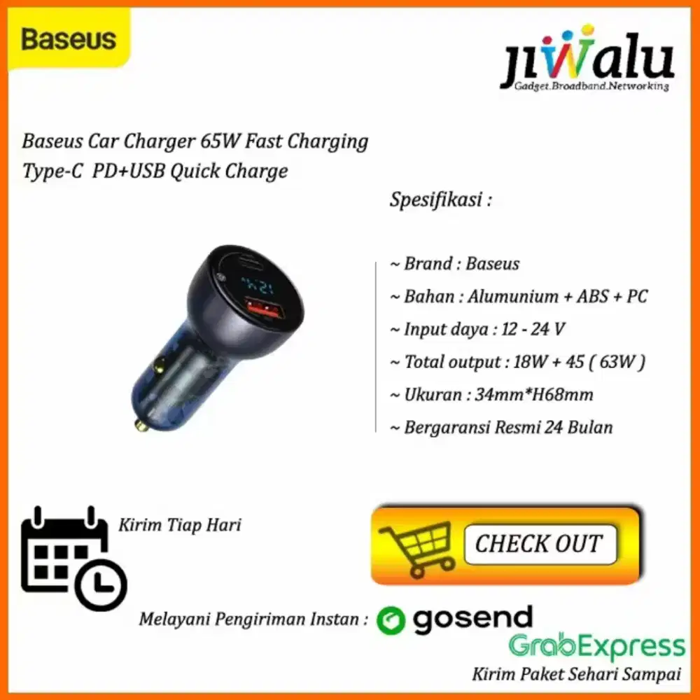 Baseus Car Charger 65W Fast Charging Type-C PD + USB Quick Charge