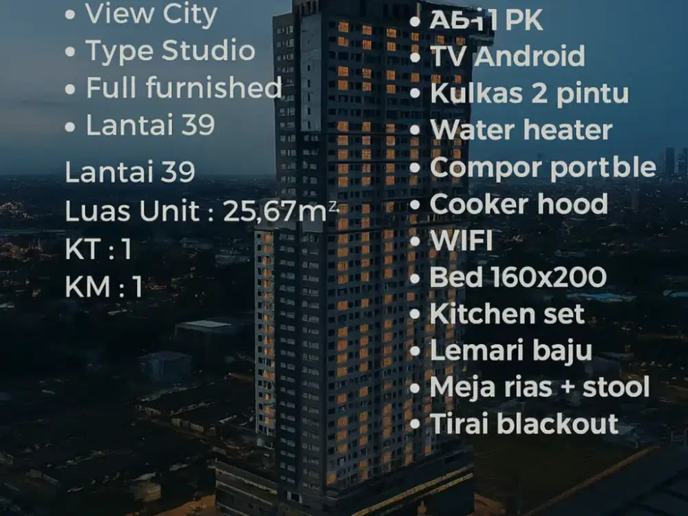 DISEWAKAN APARTEMEN KLASKA RESIDENCE