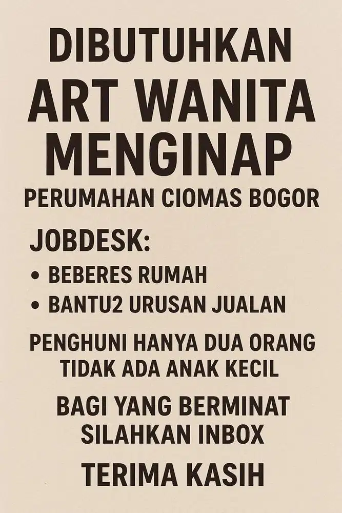 Dibutuhka ART menginap wanita