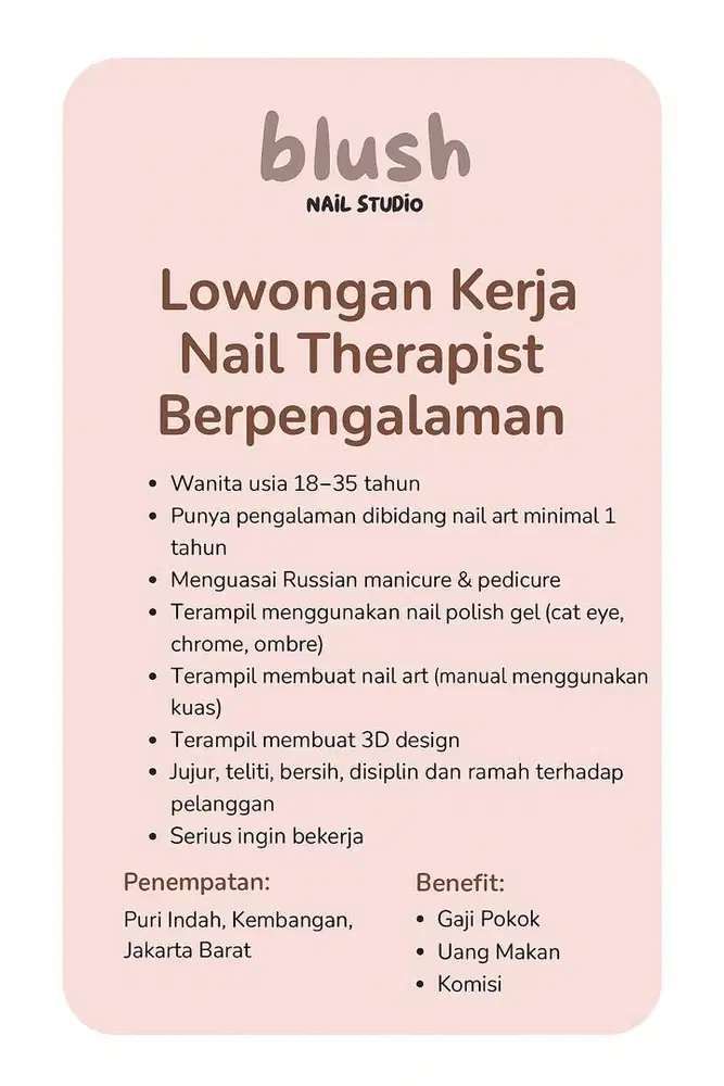 Lowongan Kerja Nail Therapist Berpengalaman - Blush Nail Studio