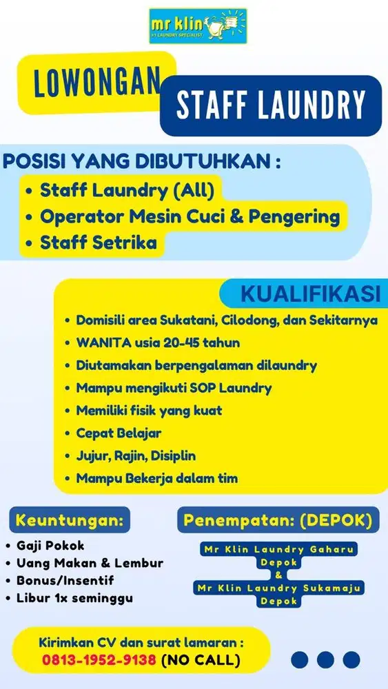 DIBUTUHKAN SEGERA KARYAWAN LAUNDRY DEPOK