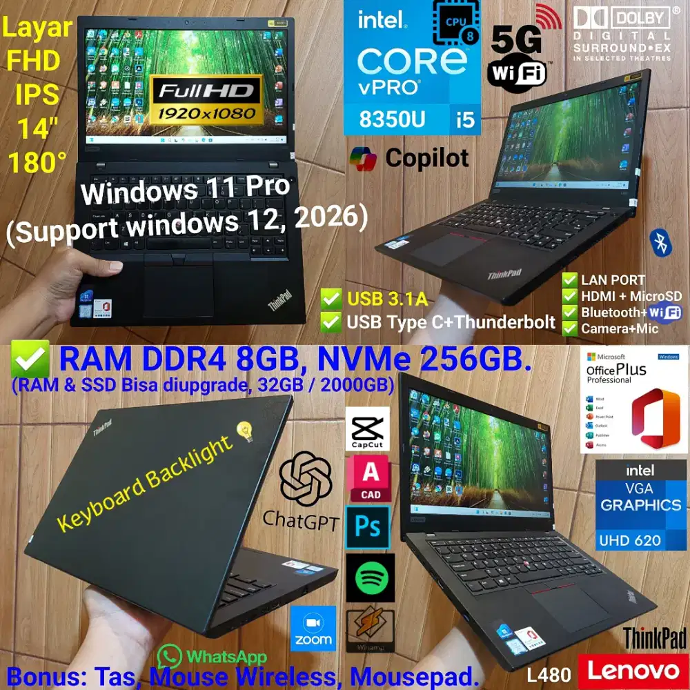 Laptop Thinkpad Murah intel i5 8350U RAM 8GB NVMe 256GB L480 Lenovo