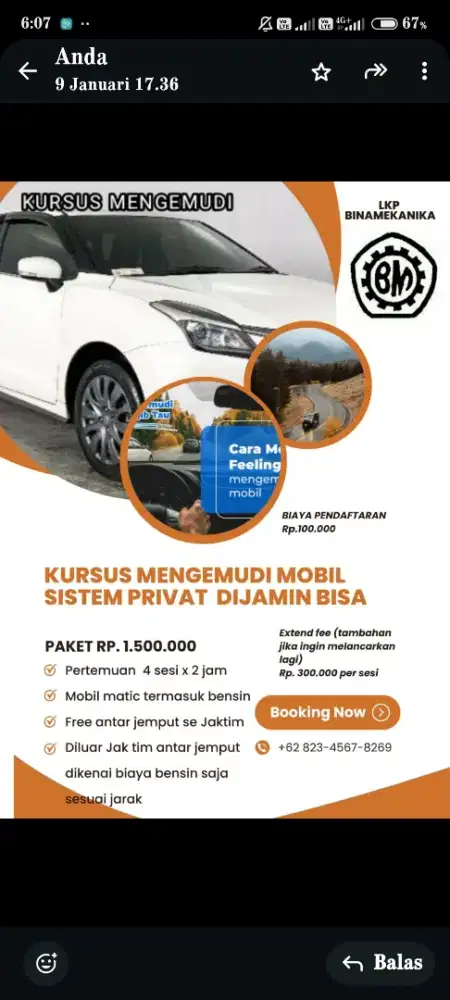 Kursus Stir Mengemudi Mobil Private, jemput antar