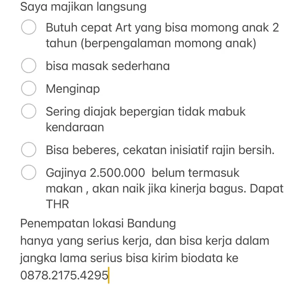 LOWONGAN KERJA ART MOMONG ANAK MENGINAP