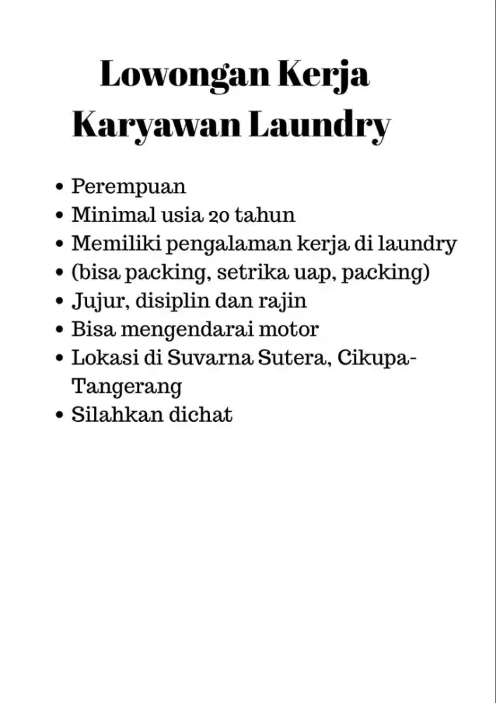 Lowongan kerja karyawan laundry