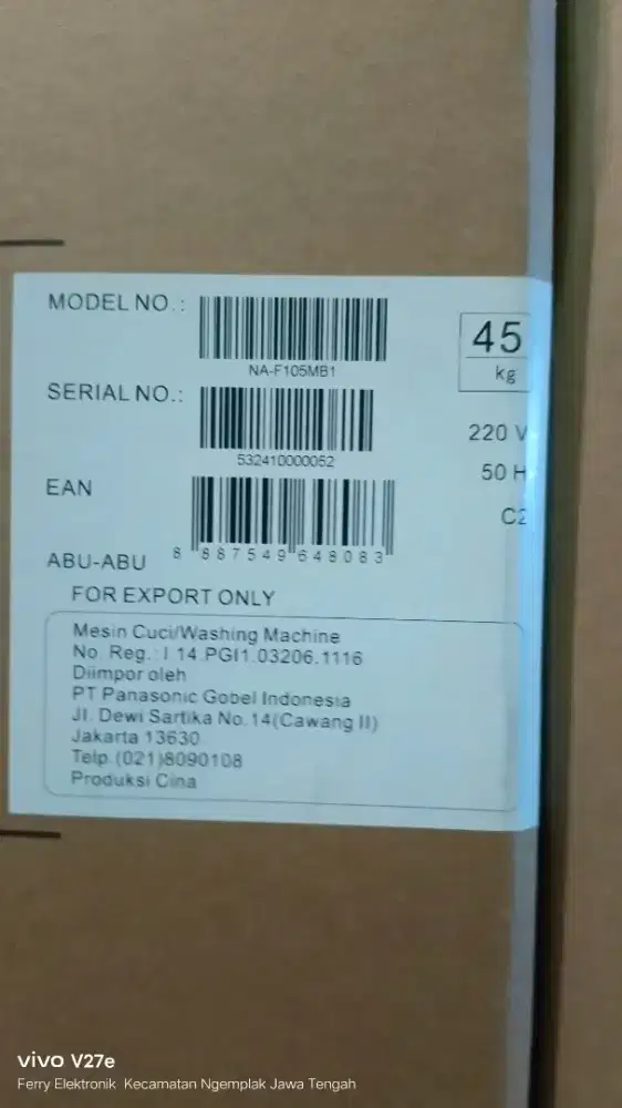 Mesin cuci Panasonic 1 tabung TOP LOADING 10,5kg