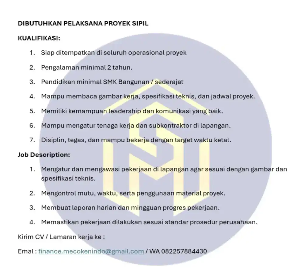 Dicari pelaksana sipil