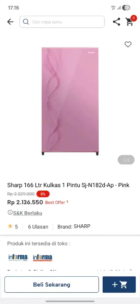 Ready stok kulkas 1 pintu sharp murah