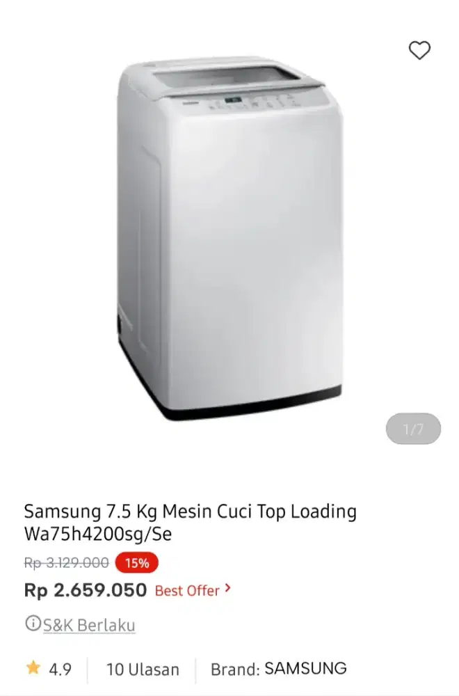 Samsung mesin cuci top loading 7.5kg