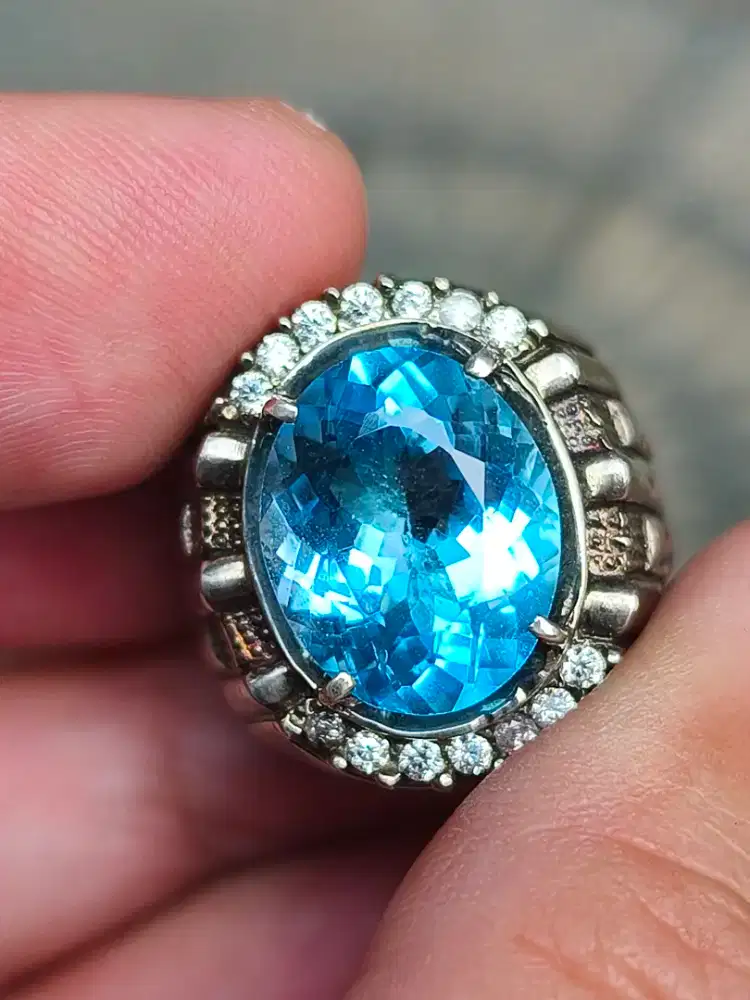 Cincin Batu blue topaz Swiss 9.46 carat memo MRI ring perak
