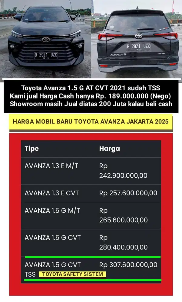 (JUAL CASH)TOYOTA AVANZA 1.5 G AT TSS 2021 MATIC (TERIMA TUKAR TAMBAH)