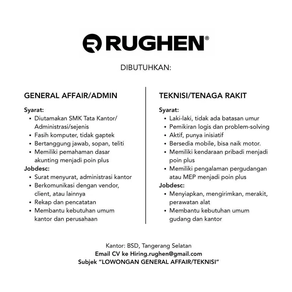 Lowongan ADMIN/GENERAL AFFAIR/TEKNISI