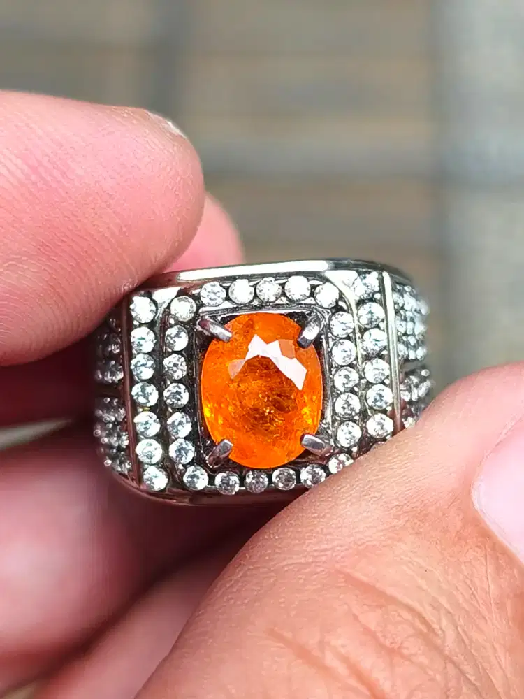 Batu garnet spessartite 3.08 crat ring perak memo CGL top kristal