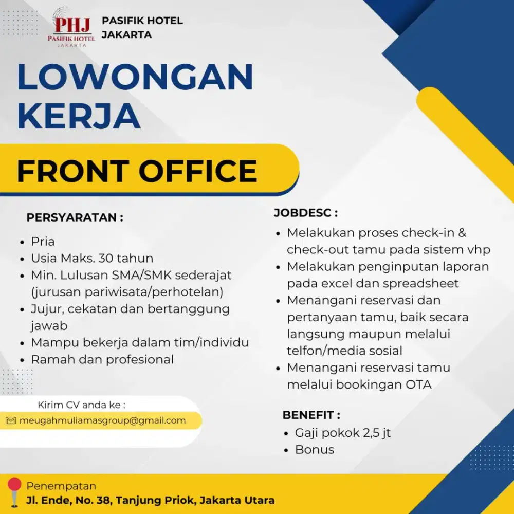 Dibutuhkan segera staff front office pasifik hotel jakarta