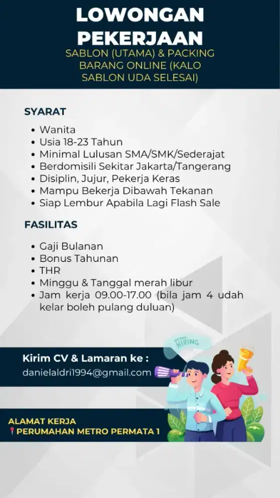 Dicari karyawan Wanita (Wajib) untuk sablon(utama) &  packing online