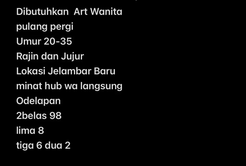 DICARI ART WANITA PULANG PERGI