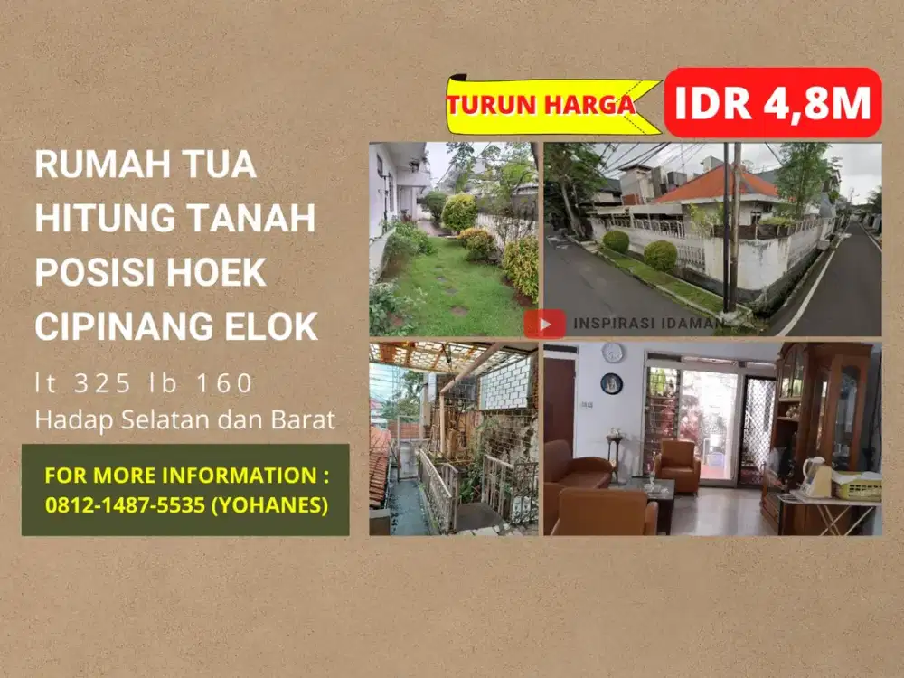 Rumah Tua Hitung Tanah Posisi Hoek Lt 325 Cipinang Elok Cipinang, Jakarta Timur, DKI Jakarta