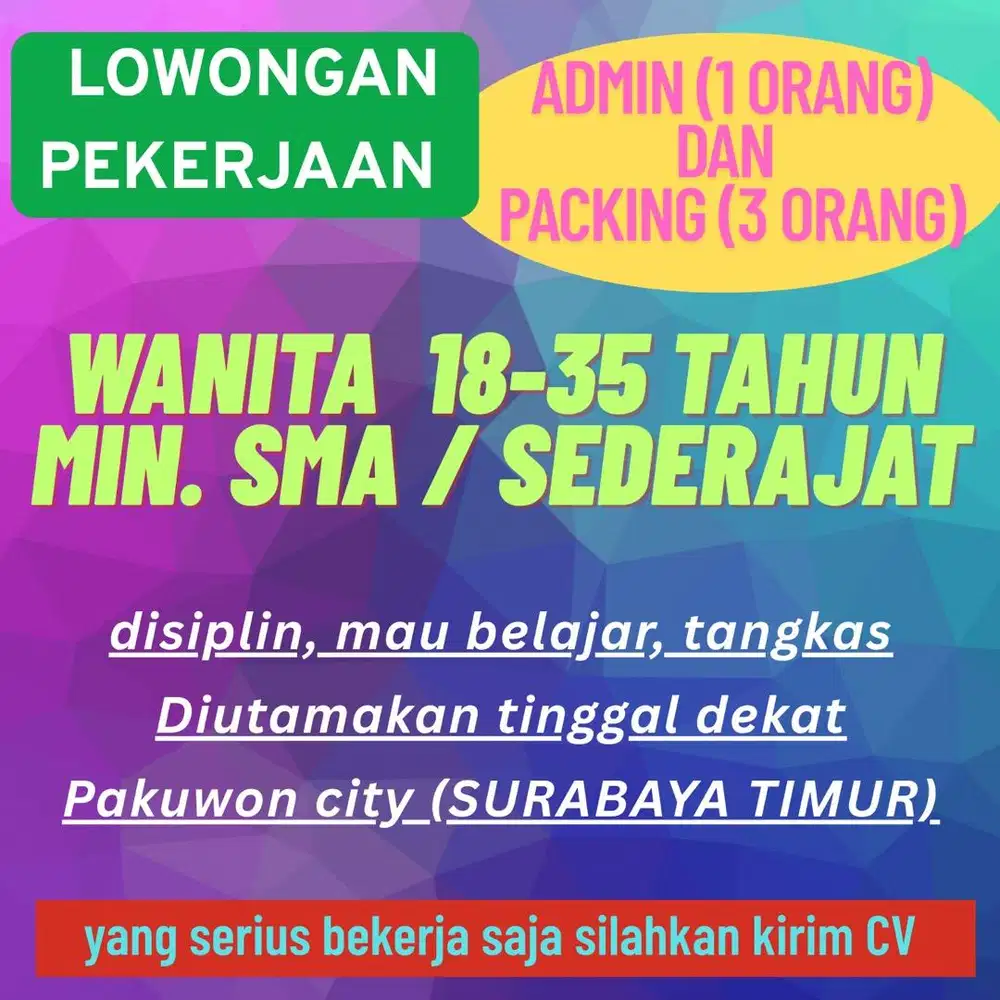 Lowongan kerja Packing dan Admin online shop Surabaya Timur