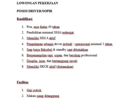 Lowongan Pekerjaan Driver