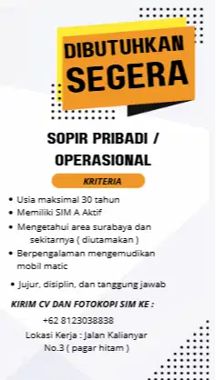 Lowongan Kerja Sopir Pribadi / Operasional