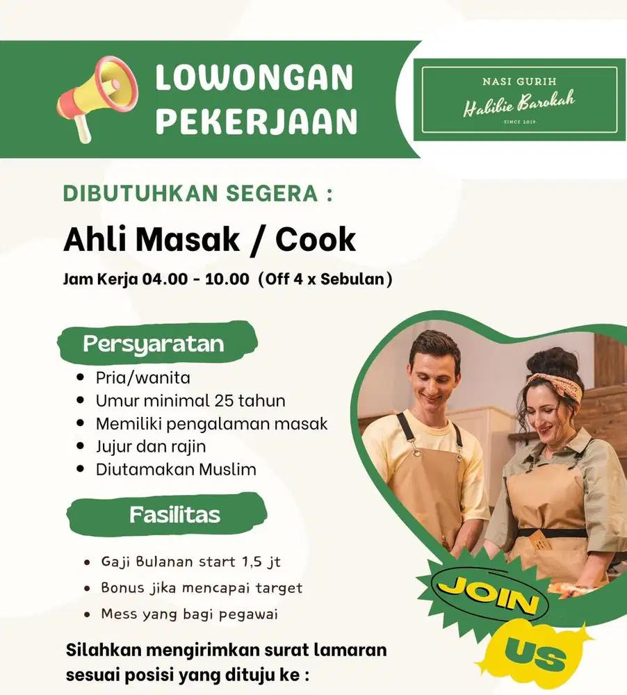 DICARI TUKANG MASAK/AHLI MASAK