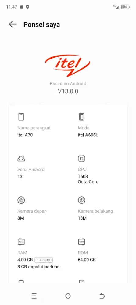Itel A70 ,4+4/64. Normal jaya.