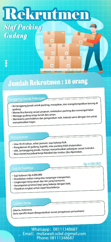 Dibutuhkan Staf Gudang, Customer Service, dan Petugas Kebersihan