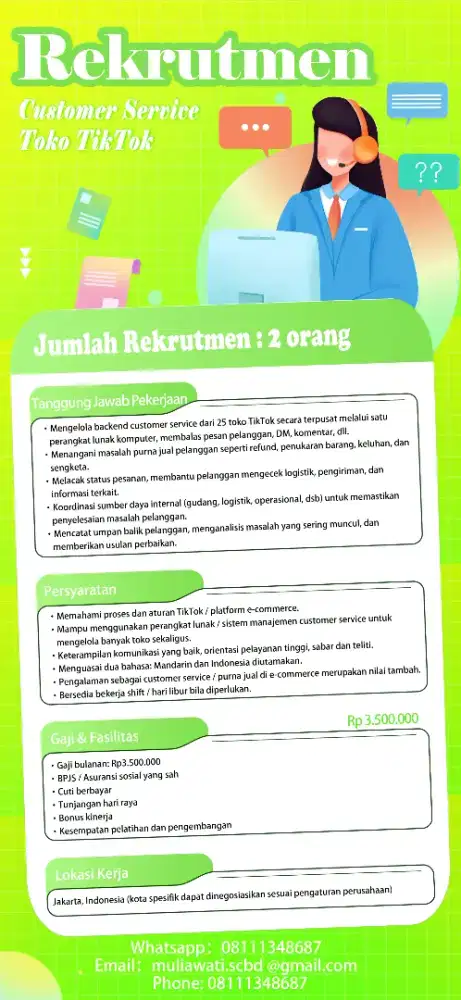 Dibutuhkan Staf Gudang, Customer Service, dan Petugas Kebersihan
