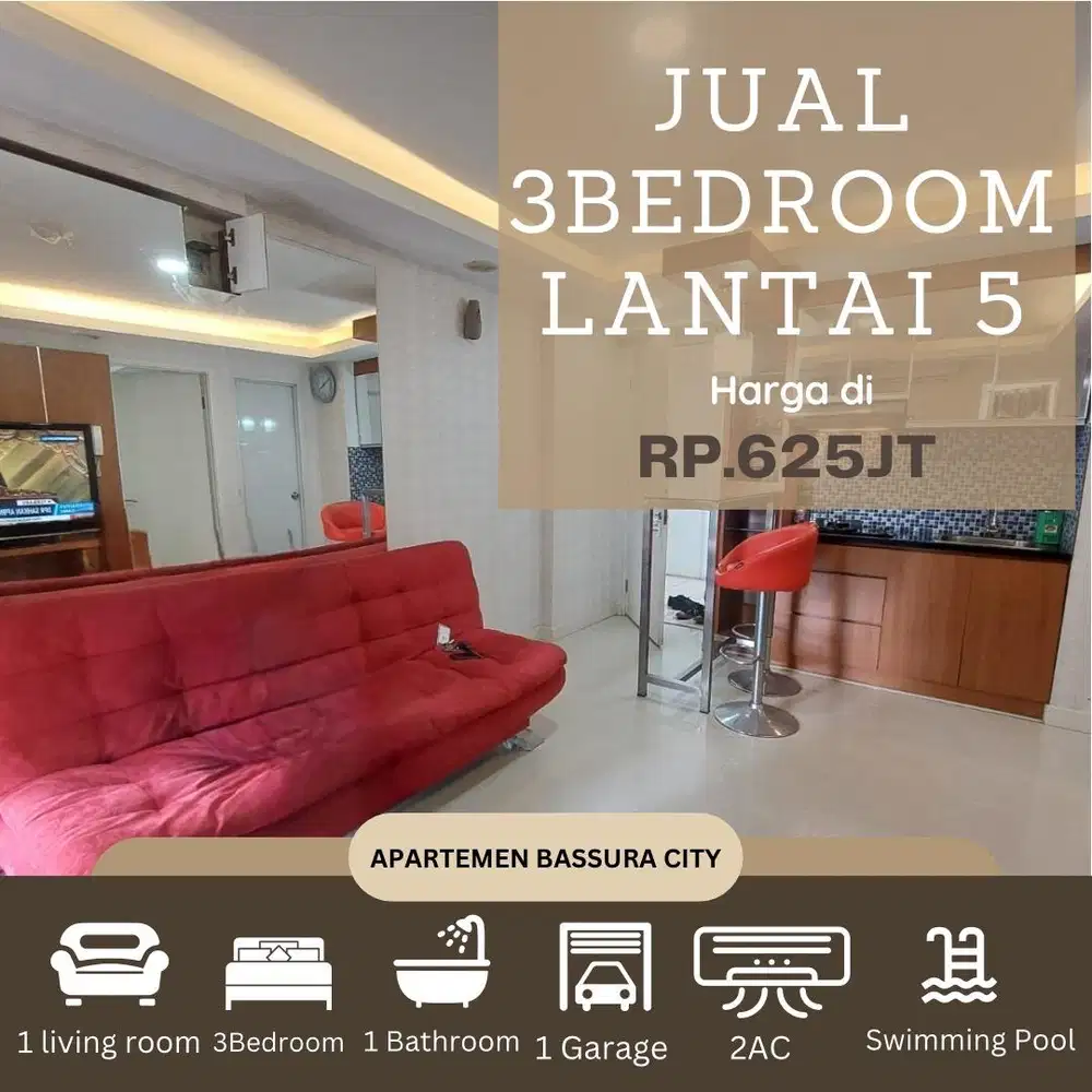 Jual 3 kamar murah SHM full furnish lantai 5 apartemen bassura city