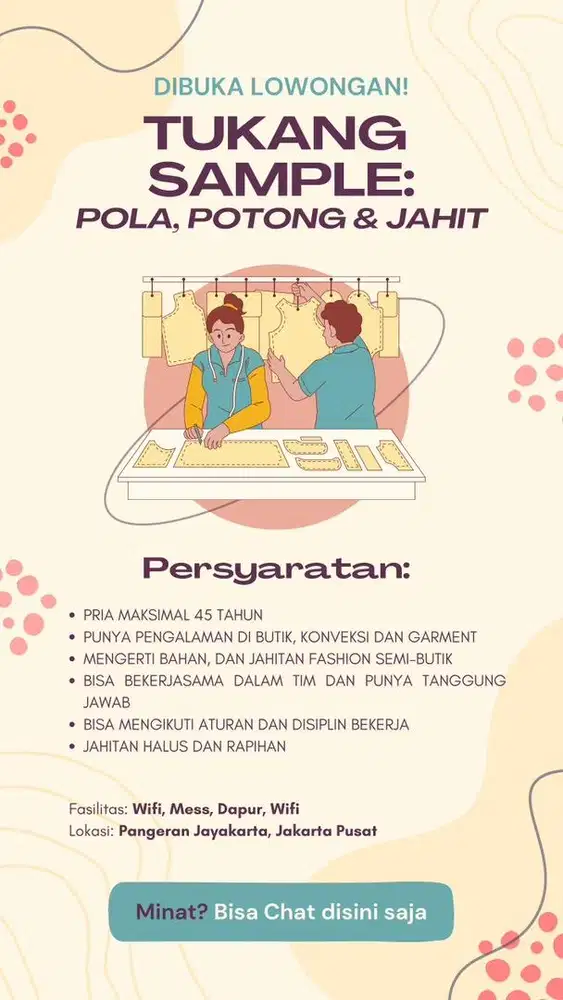 LOWONGAN TUKANG SAMPLE: POLA, POTONG, JAHIT