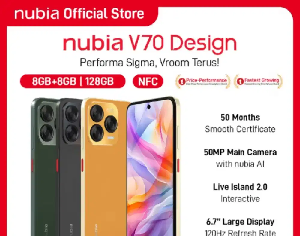 Nubia V70 Design NFC RAM 8/128gb | 50MP AI Triple Camera