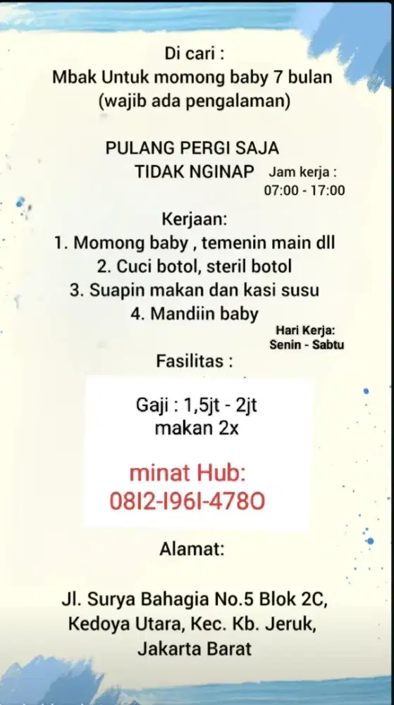 Dicari Mba Momong Bayi 7 bulan