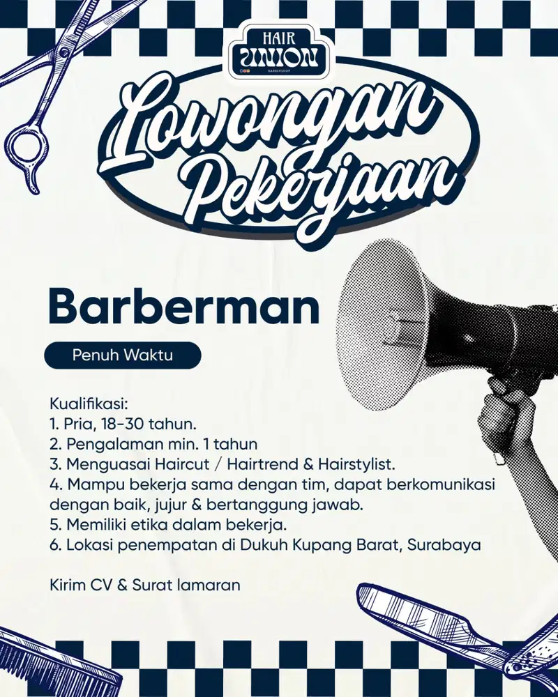 LOWONGAN KERJA BARBERMAN, 18-30 TAHUN, FULL TIME SURABAYA BARAT