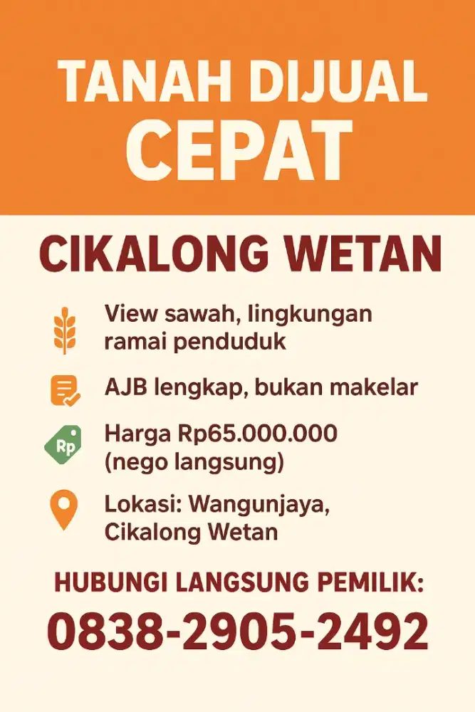 Butuh Uang !Tanah 224 m² di Wangunjaya Rp65 Juta Nego Cepat!