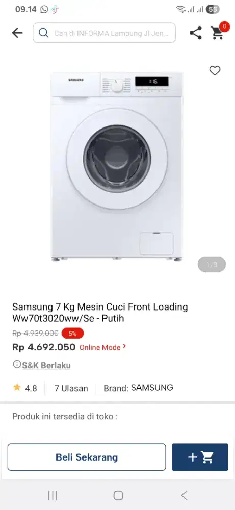 Samsung 7kg mesin cuci front loading