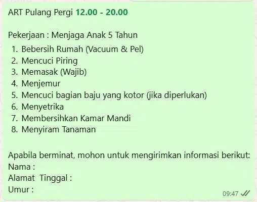 ART Pulang Pergi Jagakarsa Jakarta Selatan 12.00 - 20.00