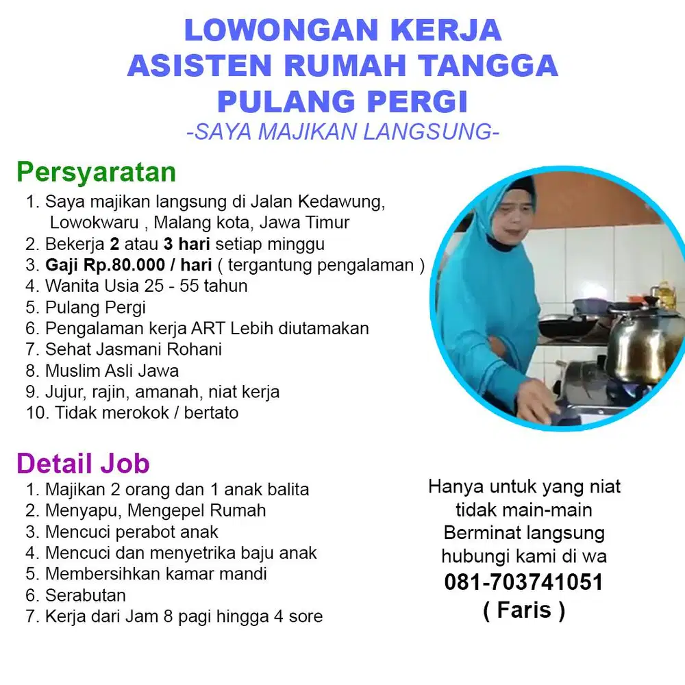 ART ( Asisten Rumah Tangga ) Harian Pulang Pergi untuk di daerah Jalan