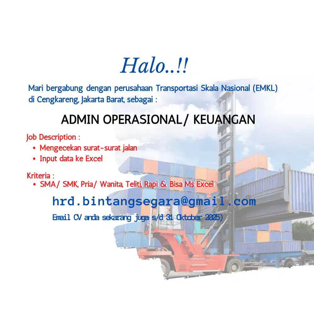 Admin Operasional & Admin Keuangan (Pria/ Wanita)