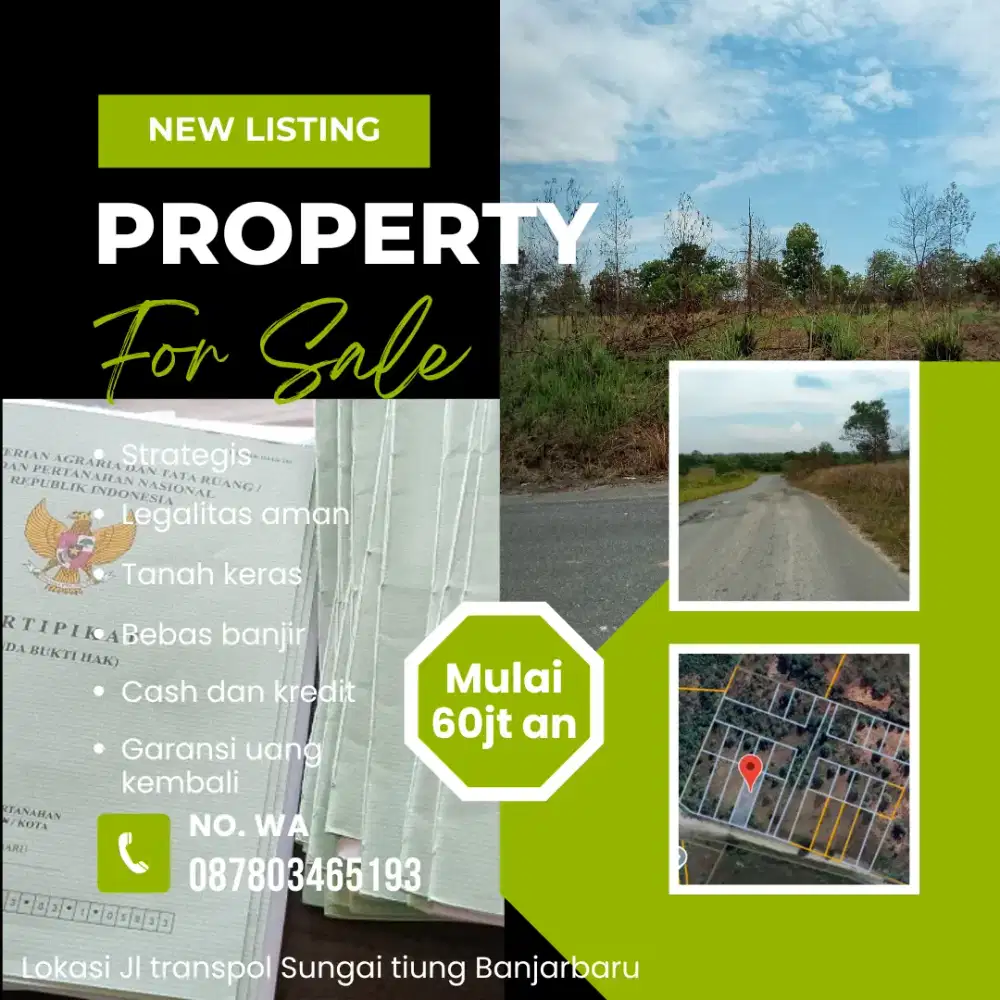 Dijual Tanah Kavling Pinggir jalan raya transpol Banjarbaru