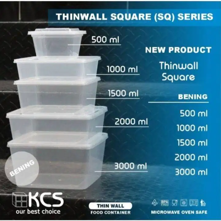 KCS Thinwall Square 1000 ML 1500 ML 2000 ML ISI 10 PCS Plastik PP Food