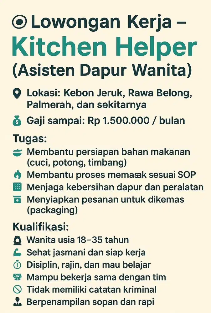 Lowongan Pembantu Dapur