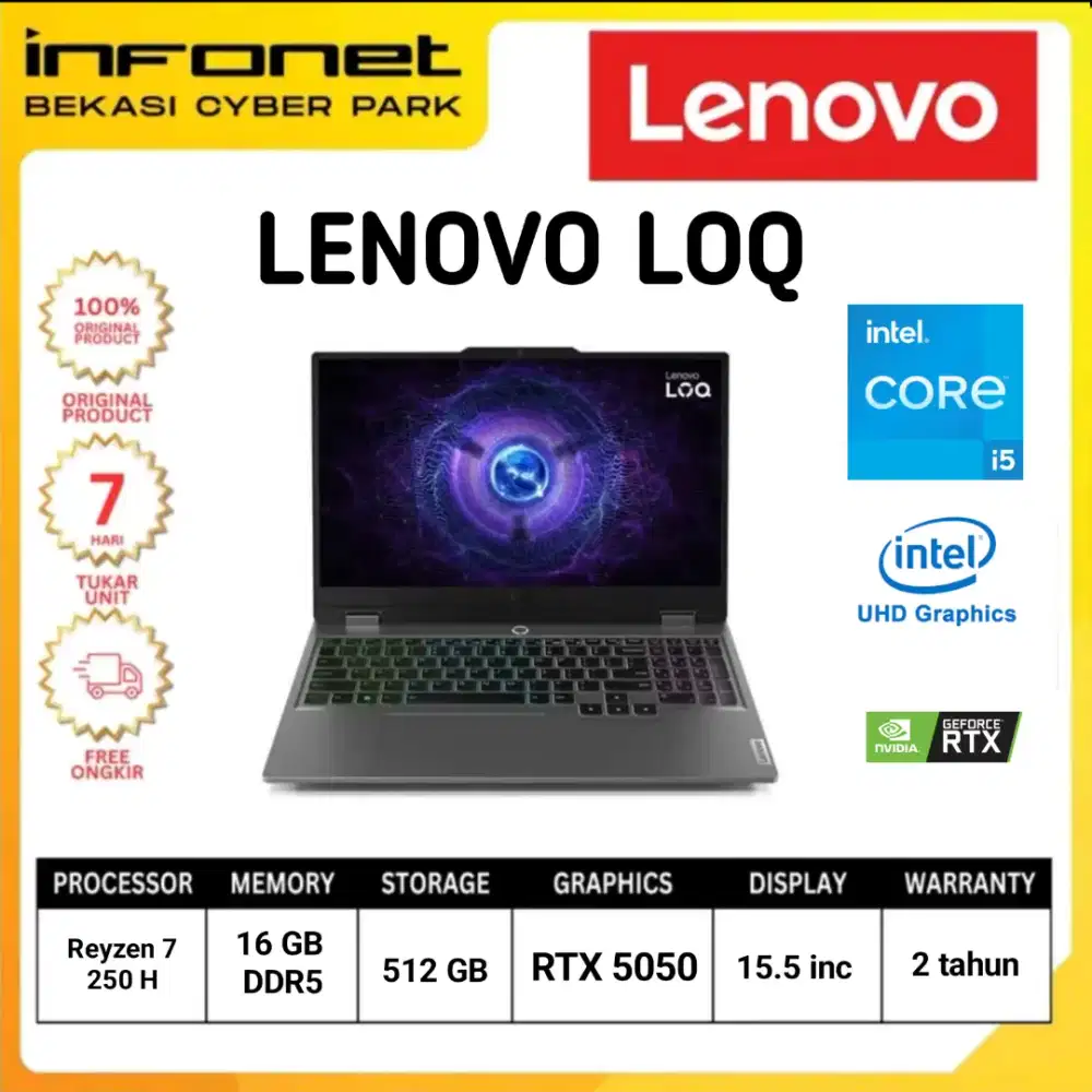 LAPTOP GAMING LENOVO LENOVO LOQ 15IR I5 13450HX 16GB 512GB SSD RTX3050